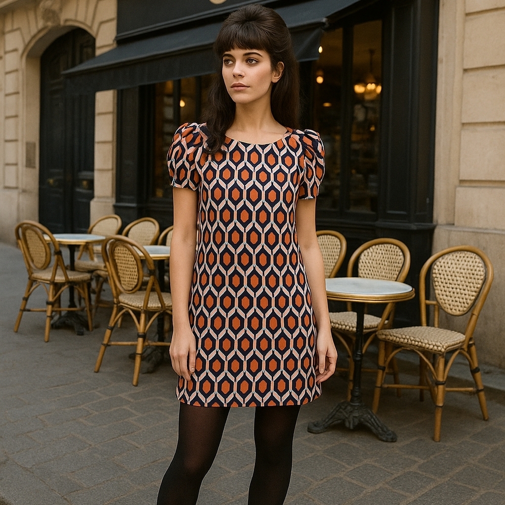 MOLLY BRACKEN RETRO DAISY Geo MOD DRESS Red Tan Blue Medium Vintage